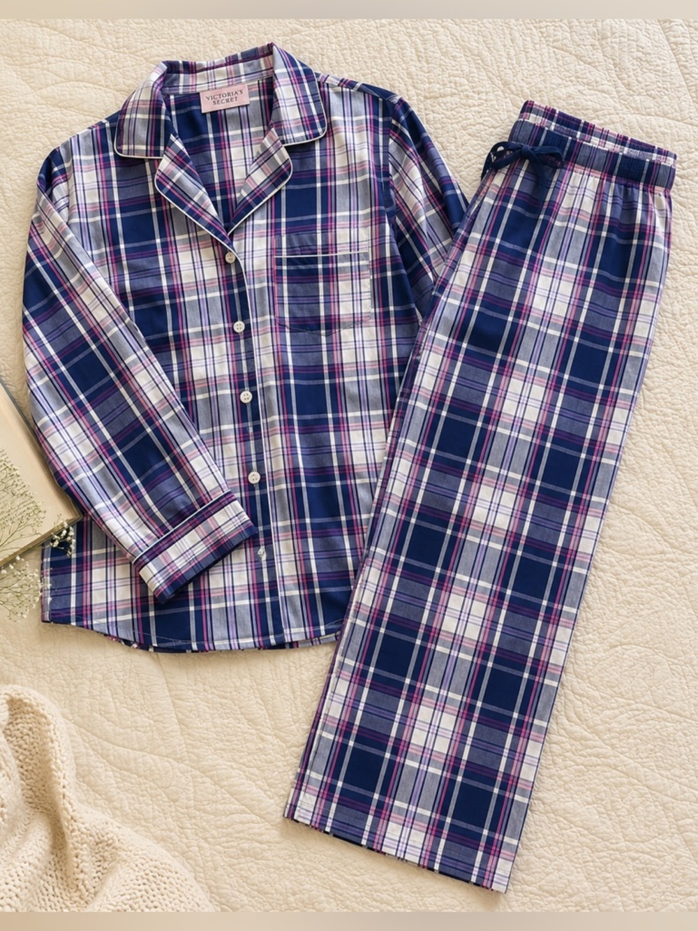 Victoria’s Secret Plaid Pajama Set Small Blue Pink White Cotton Blend